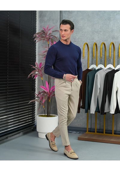 Modefendi Slim Fit Kalıp Pamuk Likra Sade Bisiklet Yaka Triko Kazak Lacivert