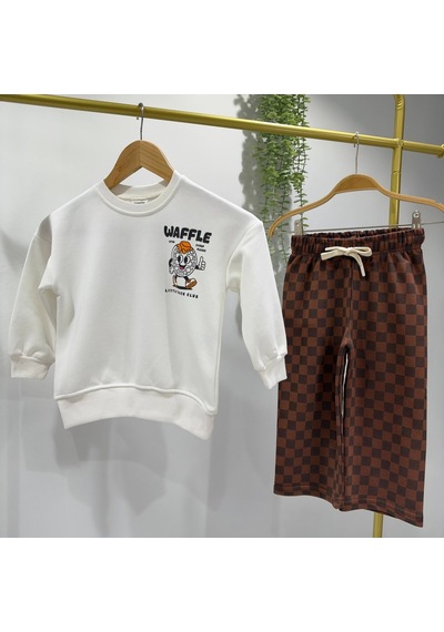 Waffle Baskılı Sweatshirt Ve Kahverengi Kareli Eşofman Alt Üst Takım Süper Kalite