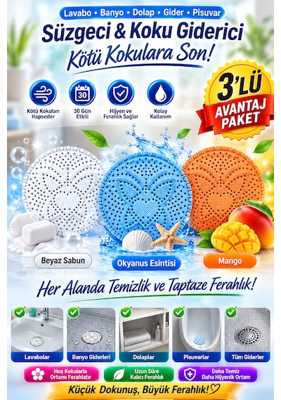Mango Beyaz Sabun Ve Okyanus Kokulu 3 Adet Lavabo Banyo Dolap Gider Pisuvar Süzgeci Çekmece Koku Giderici
