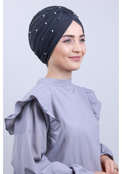 Melodi Scarf Kadın Tesettür İncili Taşlı Vera Dış Bone Koyu Gri Koyu Gri