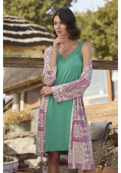 Ang Butik Kadın Etnik Deseni Ve Dantelli Sabahlık Takımı Yeşil
