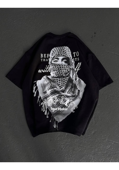 Baskılı Oversize T-shirt - Siyah -Çok Renkli