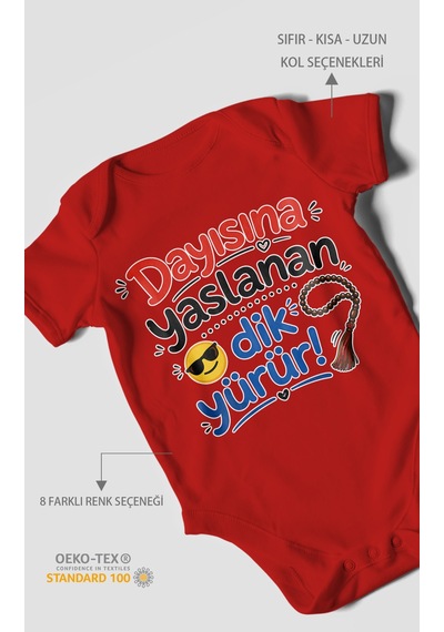 Morivokids Dayısına Yaslanan Dik Yürür Kısa Kollu Bebek Body %100 Pamuk Kırmızı