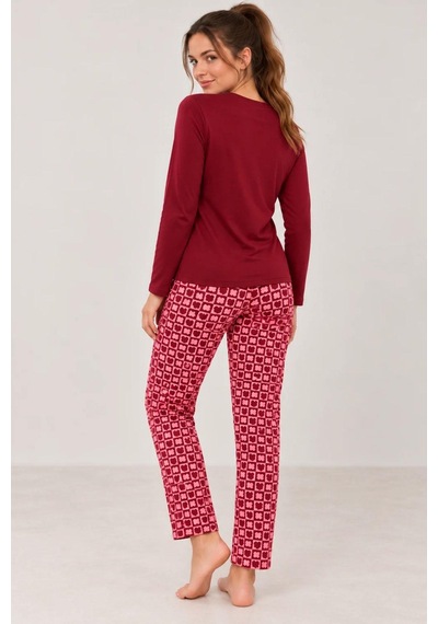 Gd Goldoremi Kadın Kalp Desenli Likralı Termal Kumaş Bordo Uzun Kollu Pijama Takımı