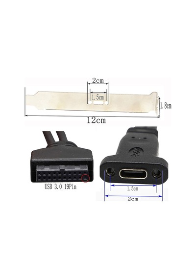 Usb3.0 Anakart 20 Pin Dişi To Type C Breketi 19 Pin -type C Çevirici