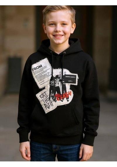 Zekids Erkek Çocuk Kapüşonlu Baskılı Teenage Tasarım Sweatshirt-16662 Siyah