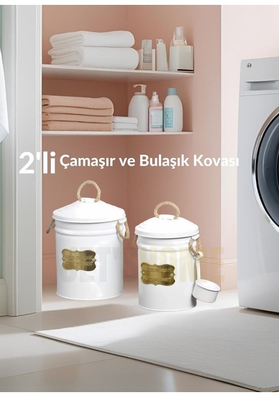2'li Set Deterjan Kovası Çamaşır Bulaşık Kutusu Ölçekli Galvaniz Metal Beyaz Beyaz