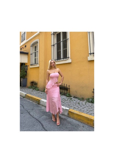 J&kstores Asimetrik Kesim Dantel Detaylı Midi Boy Straplez Crop-etek Takım Pembe