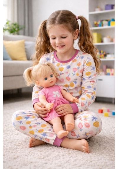 Kız Çocuk Flower Desenli 8 - 13 Yaş Pijama Takımı Krem