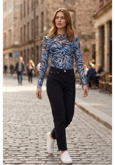 Kadın Mavi Leopar Desenli Transparan Bluz Tül Uzun Kollu Slim Fit Body
