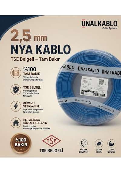 2.5 Mm Nya Kablo Tam Bakır Tse Belgeli 100 Metre Boş