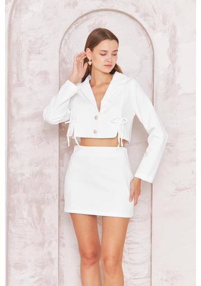 Darlin Moda Kadın Beyaz Fiyonk Detaylı Etek Ceket Takım Dm0233 Beyaz