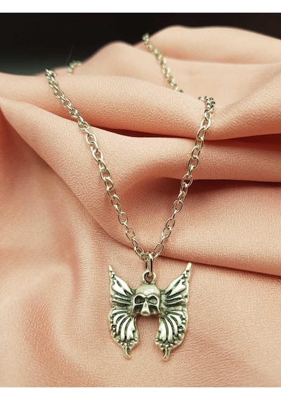 Tezzgelsin Unisex Gotic Kelebek Kafatası Kolye Gümüş