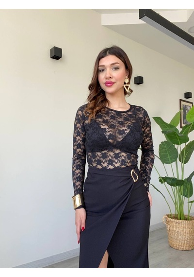 Duygudan Yüksek Bel Drapeli Siyah Midi Etek Yırtmaçlı Şık Ofis Eteği - Siyah