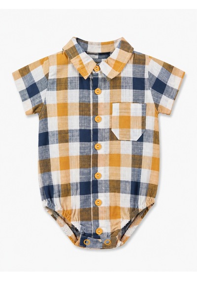 Babyhola Erkek Bebek Çıtçıtlı Gömlek Badi Poplin Kumaş Kısa Kollu Şık Tulum 3503 Sarı