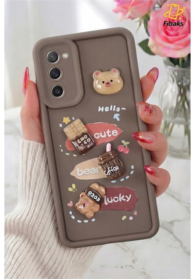 Fibaks Galaxy S21 Fe Uyumlu Kılıf Tasarımlı Desenli Kamera Korumalı Ayıcık Kahve Renkli Yumuşak Silikon Kapak
