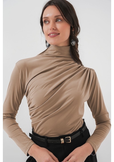 Hiccup Bdart Drape Detaylı Vücuda Oturan Dik Yaka Bluz Bej Doğal