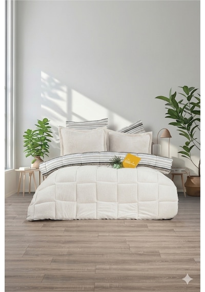 Çift Kişilik Uyku Seti Sherpa Comforter Krem