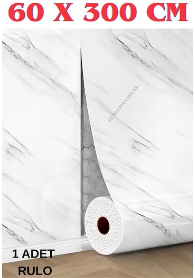 60cmx300cm Tek Parça Yapışkanlı Rulo Mermer Desenli Duvar Paneli Kağıdı Silinebilir Cf-1035-mıra Beyaz - Füme