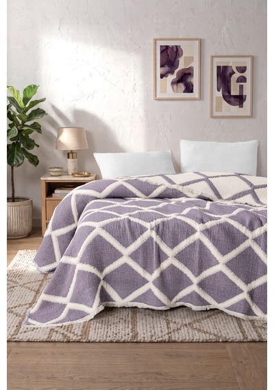 Varol Liora 7 Katlı Müslin Yatak Örtüsü Çift Kişilik Geometrik Desenli 230x250 Cm Lila