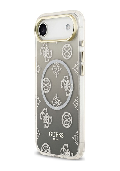 Apple Uyumlu iPhone 17 Air Kılıf Guess Lisanslı M-safe Özellikli Simli Peony Desenli Silikon Kapak Siyah Siyah