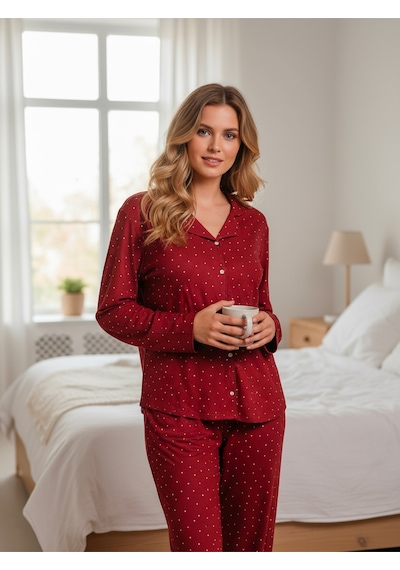 Süet Gömlek Pijama Takımı 7001 Puantiyeli Bordo