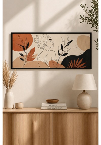 Modern Boho Line Art Soyut Kadın Figürlü Ahşap Tablo 25x60 Cm Siyah Çerçeveli Uv Baskı Duvar Dekoru