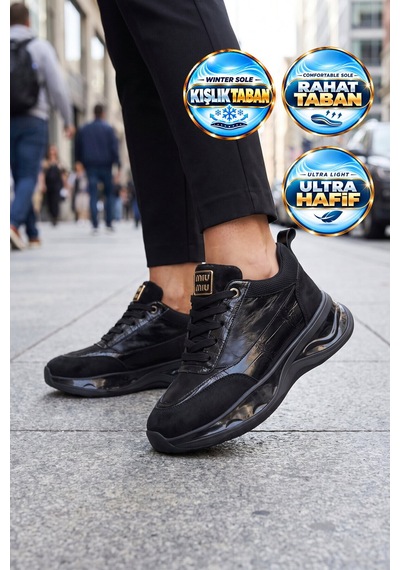 Ayakmod Siyah Cilt Bağcıklı Kalın Rahat Tabanlı Kadın Casual Yürüyüş Ayakkabı Sneaker 231171