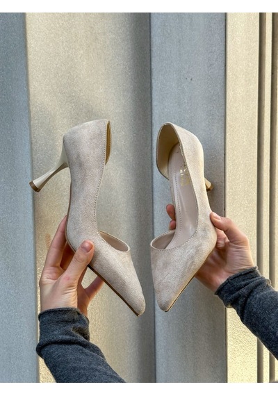 Ervanın Butiği Bej Süet Vary Topuklu Kadın Stiletto-5984
