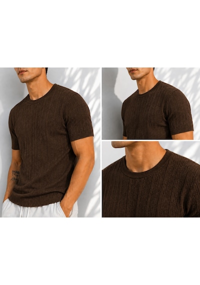 Ribana Erkek Bisiklet Yaka Kısa Kollu Esnek Örme Triko T-shirt 26091 Kahverengi