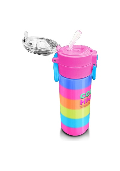 Coral High Kids Renkli Çizgili Pipetli Ve Direk İçimli Paslanmaz Çelik Termos 500 Ml 31986 Pastel Pembe