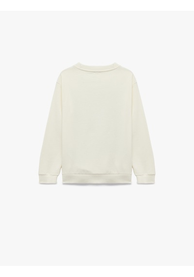 Koton Pamuklu Bisiklet Yaka Uzun Kollu Şardonlu Baskılı Sweatshirt Ekru 7wkb10062tk