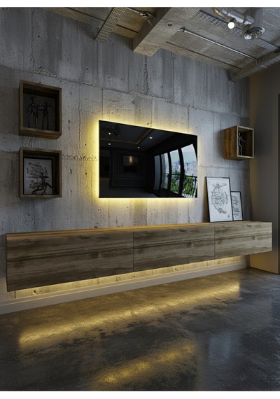Resital Duvara Monte Ledli 270 Cm Tv Ünitesi Duvar Raflı - Ll6024 Ceviz