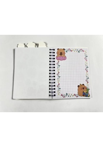 3'ü 1 Arada Spiral Defter Capybara 11x16.5 Cm Sticker Defteri Sarı Açık Gri