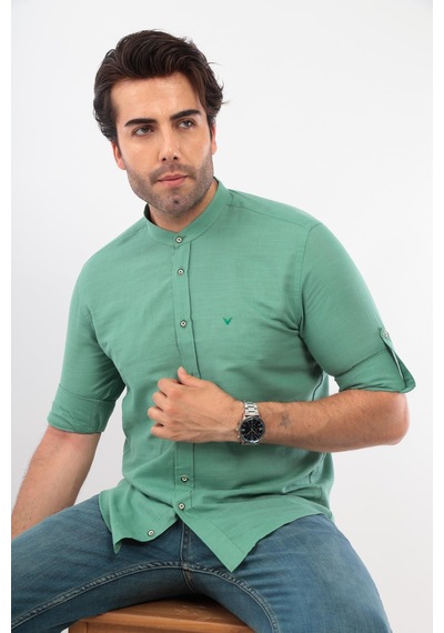 Hakim Yaka Slim Fit Keten Hediye Kutulu Erkek Gömlek Fs-003042 - Yeşil-2192