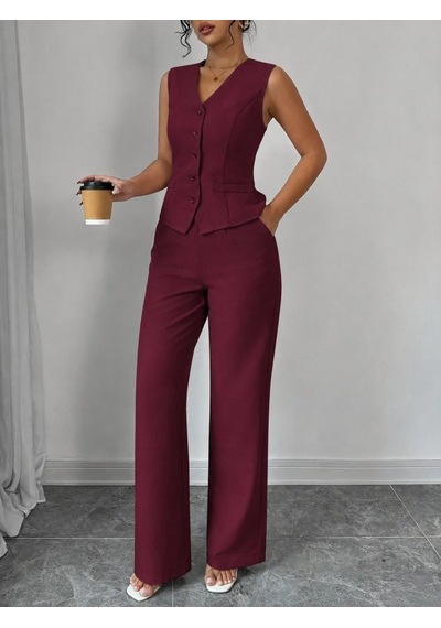 Efnaz Style Kadın Askılı Önden Düğmeli Bluz Ve Pantolon Keten Ikili Takım Bordo