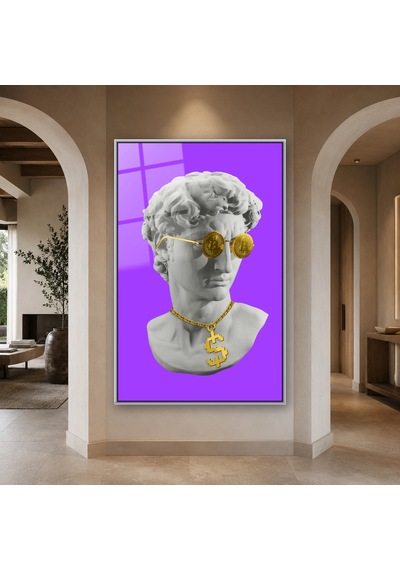 Altın Para Gözlüklü Pop Art Büst Gümüş Çerçeveli Cam Tablo