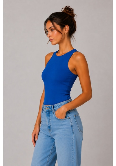 Parshey Kadın Slim Fit Halter Yaka Kolsuz Basic Atlet Body Koyu Mavi