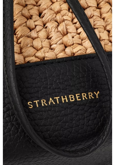 Strathberry Lana Osette Raffia Ve Siyah Deri Bucket Çanta, Yazlık Lüks Tasarım Omuz Çantası