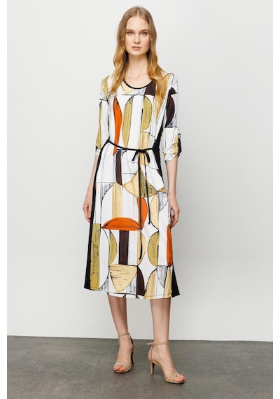 Desen Triko Kadın Sıfır Yaka Çizgili Renkli Desenli Penye Elbise Siyah Siyah