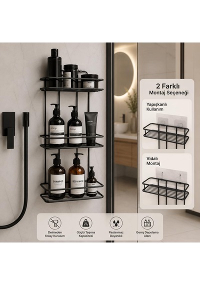 Alper Banyo 3 Katlı Siyah Düz Banyo Rafı, Yapışkanlı Ve Vidalı Montajlı Duş Rafı, Şampuanlık Ve Banyo Düzenleyici Raf Altın - Beyaz