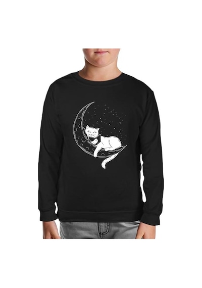 Lord Tshirt Black Cat Reading On The Moon Siyah Çocuk Sweatshirt 001 Siyah