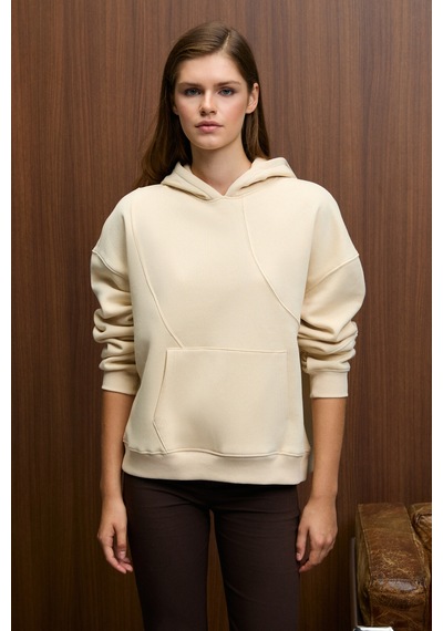 ETHIQUET E YRA Kadın Oversize Dikiş Detaylı Kapüşonlu Vizon Sweatshirt
