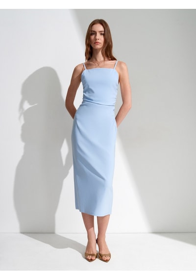 DİLVİN 91479 Büzgülü Midi Elbise-açık Mavi