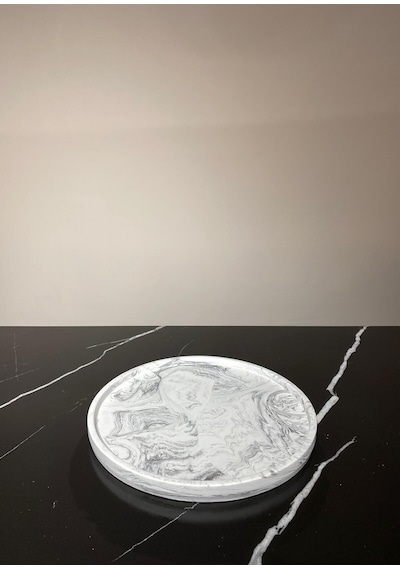 Betonmall Mermer Desenli Sunum Tepsisi Yuvarlak Sunum Tabağı Sunumluk 28 Cm - Gri Beyaz