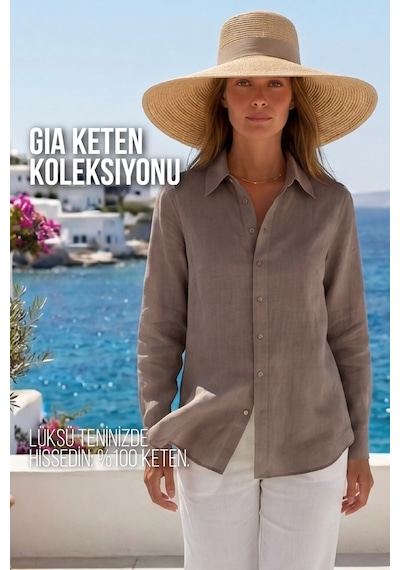 Goffra Kadın Gia %100 Doğal Keten Gömlek - Klasik Yaka Basic Minimalist Tasarım Kahverengi W207-k0401-02