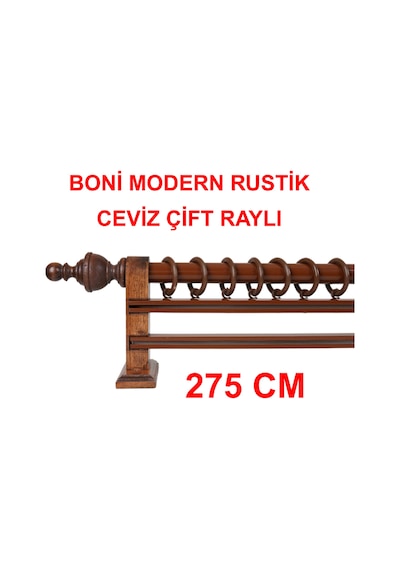 Boni Modern Rustik Ahşap Rustik Perde Askısı Çift Raylı-ceviz 275 Cm Ceviz