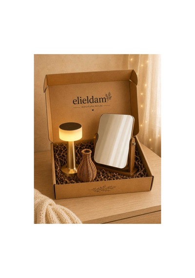 Doğum Günü, Özel Gün, Yeni İş, Sevgiliye Hediye, Yeni Ev Hediyesi Masa Lambası, Ayna Ve Rattan Vazo Premium Set