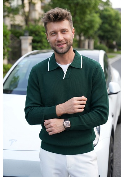 Kamalı Erkek Oversize Selanik Örgü Polo Yaka Triko Kazak Nefti