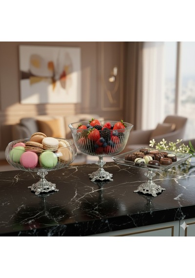Çnr Home Collection Gümüş Detayli Metal Ayakli 3 Parça Sunum Ve Servis Seti Gümüş